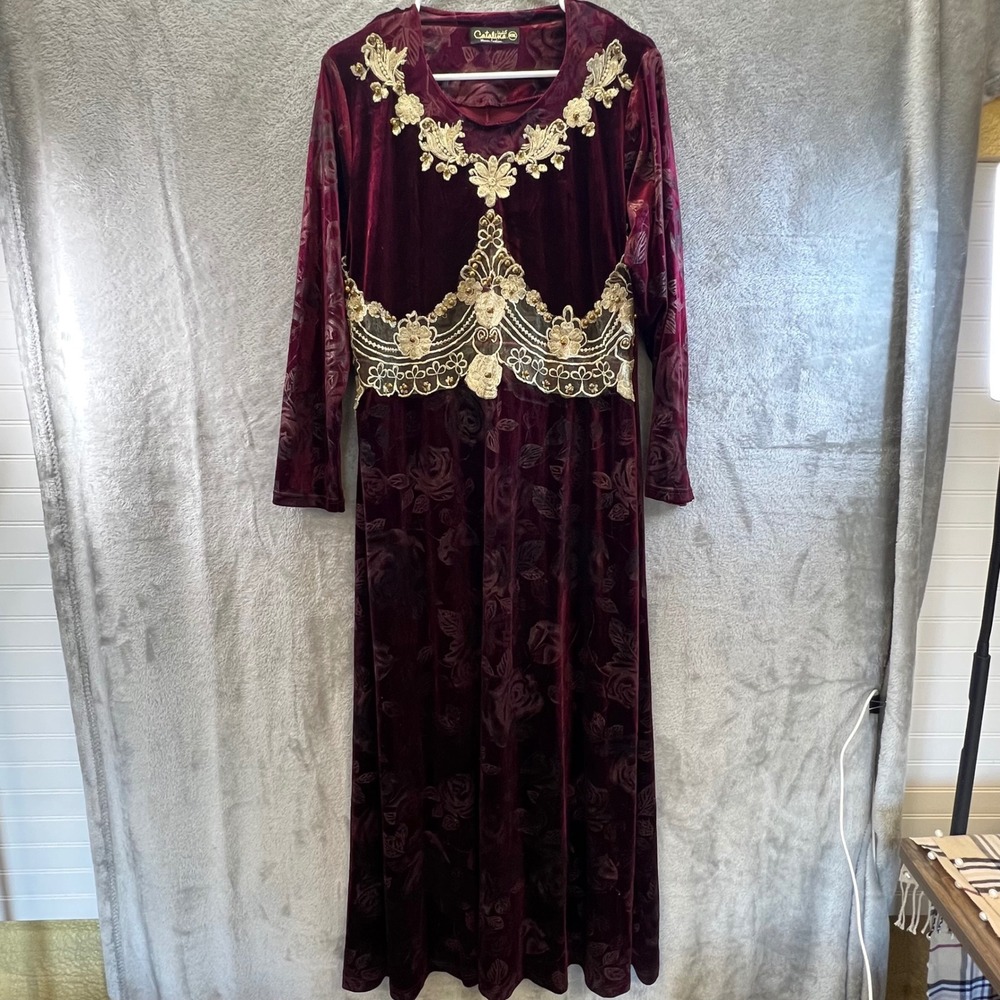 Catalina M/L Burgundy Velvet Floral Burnout Maxi Whimsi Fairygoth Romance - Picture 2 of 9